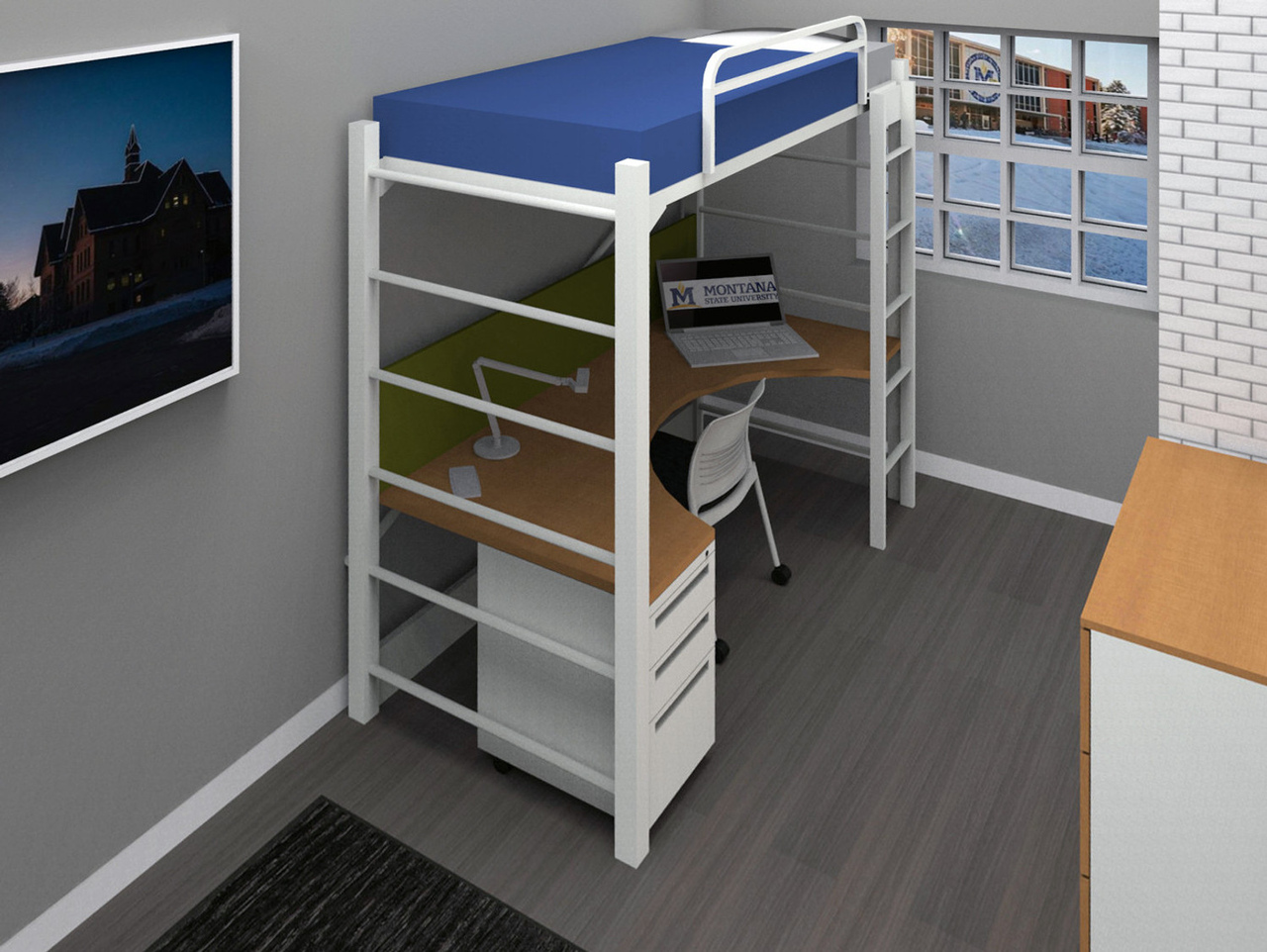 dorm bunks bed and desk